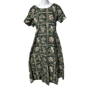 Vintage Reyn Spooner Green Hawaiian Ukulele Pineapple Floral Cotton Dress L